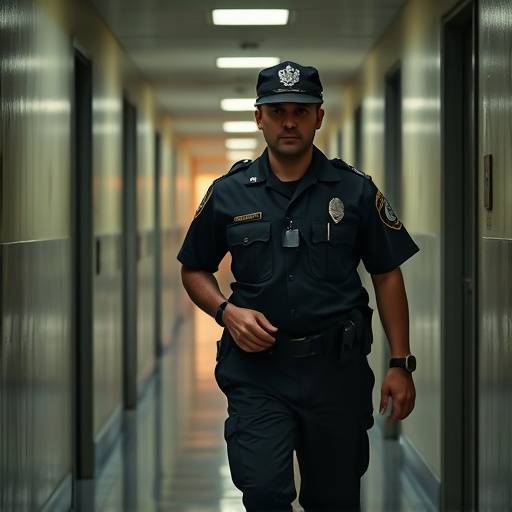 Guardia de prisi칩n vigilando un pasillo. El guardia lleva uniforme.