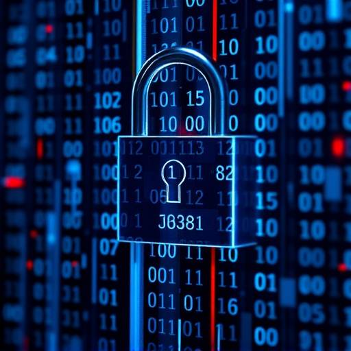 Imagen de un c贸digo binario y un candado representando el cifrado de datos y la protecci贸n contra accesos no autorizados.