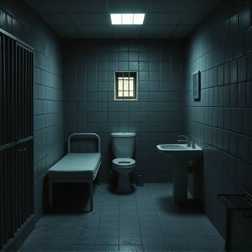Imagen del interior de una celda individual con cama, lavabo e inodoro.