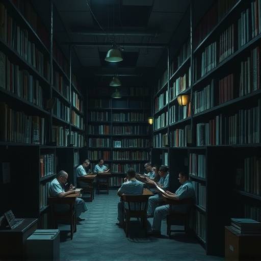 Interior de una biblioteca de prisi贸n. Se observan estantes llenos de libros y reclusos leyendo.