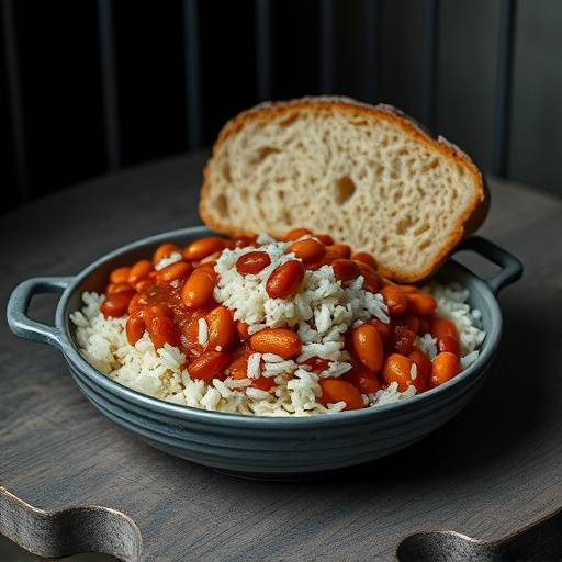 Un plato de comida de prisi贸n. Se observan frijoles, arroz y una pieza de pan.